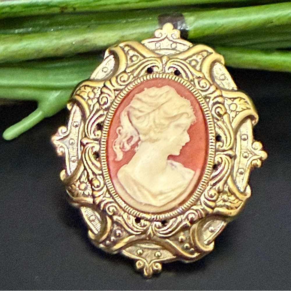 Vintage Goldtone Victorian Lady Cameo Ornate Oval Solid Back Frame Brooch 11g.
